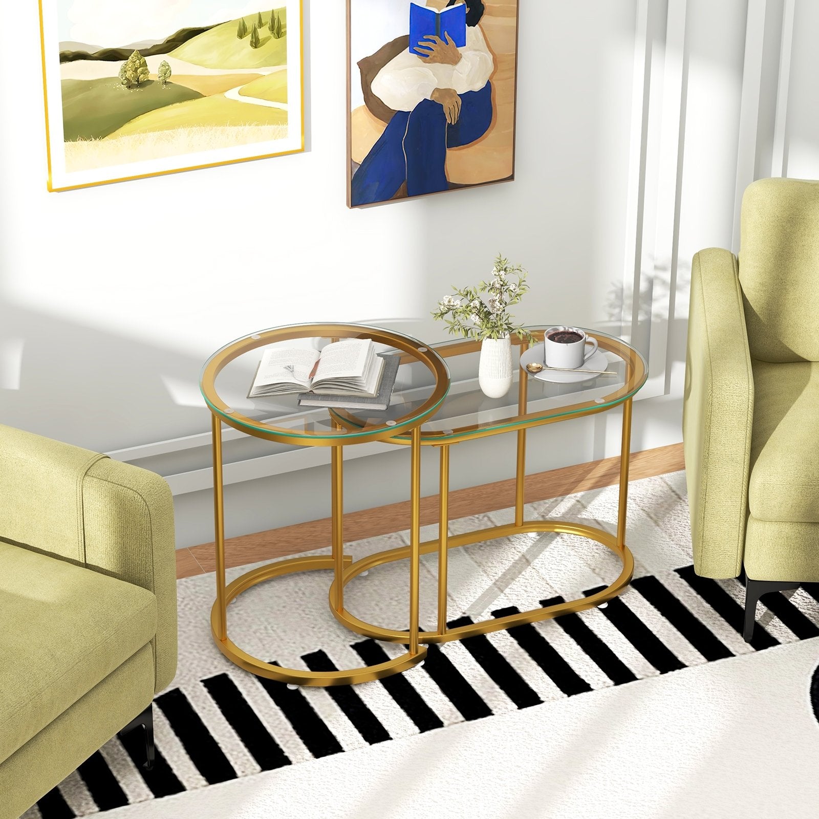 Nesting Coffee Table Set of 2 with Tempered Glass Tabletop, Golden Coffee Tables   at Gallery Canada