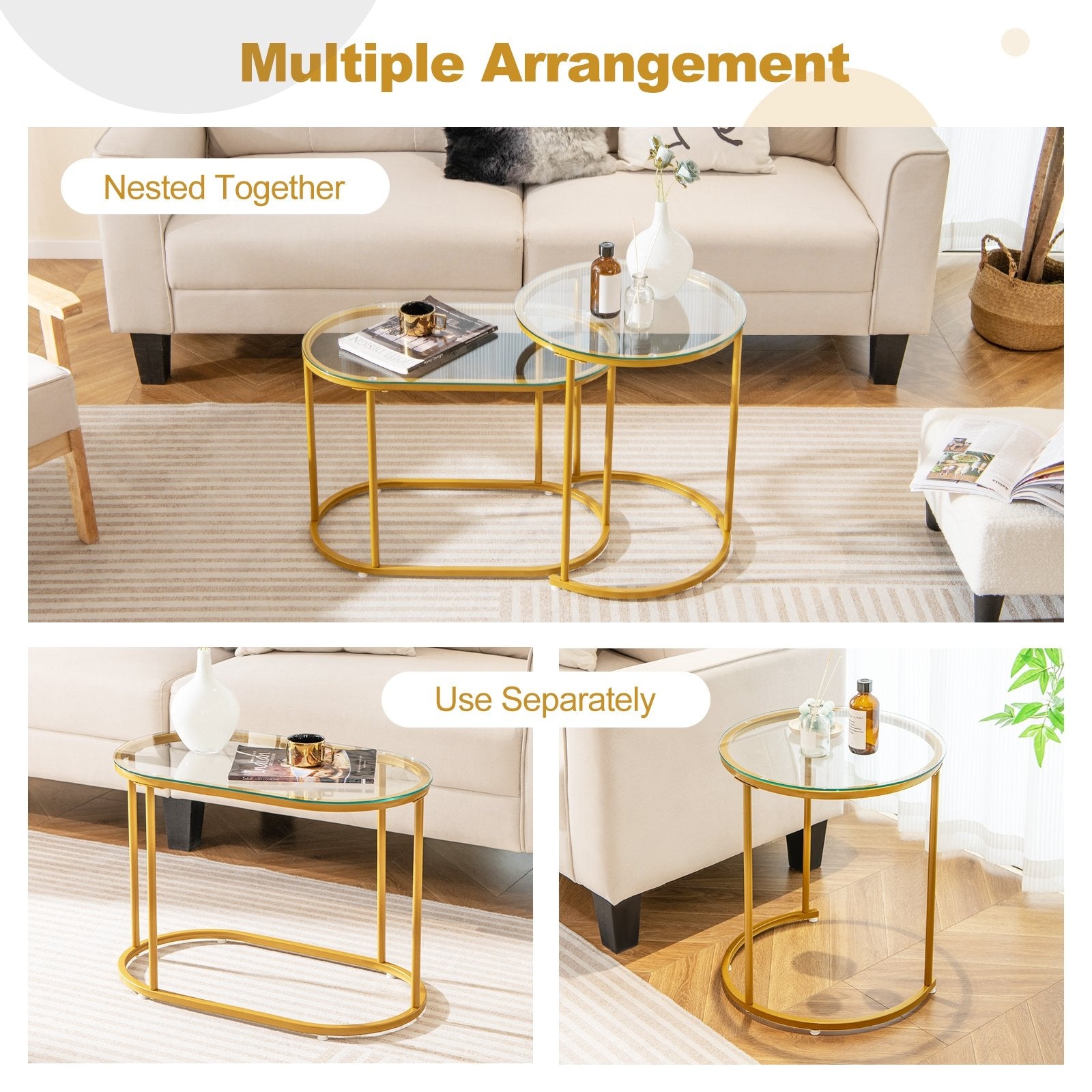 Nesting Coffee Table Set of 2 with Tempered Glass Tabletop, Golden Coffee Tables   at Gallery Canada