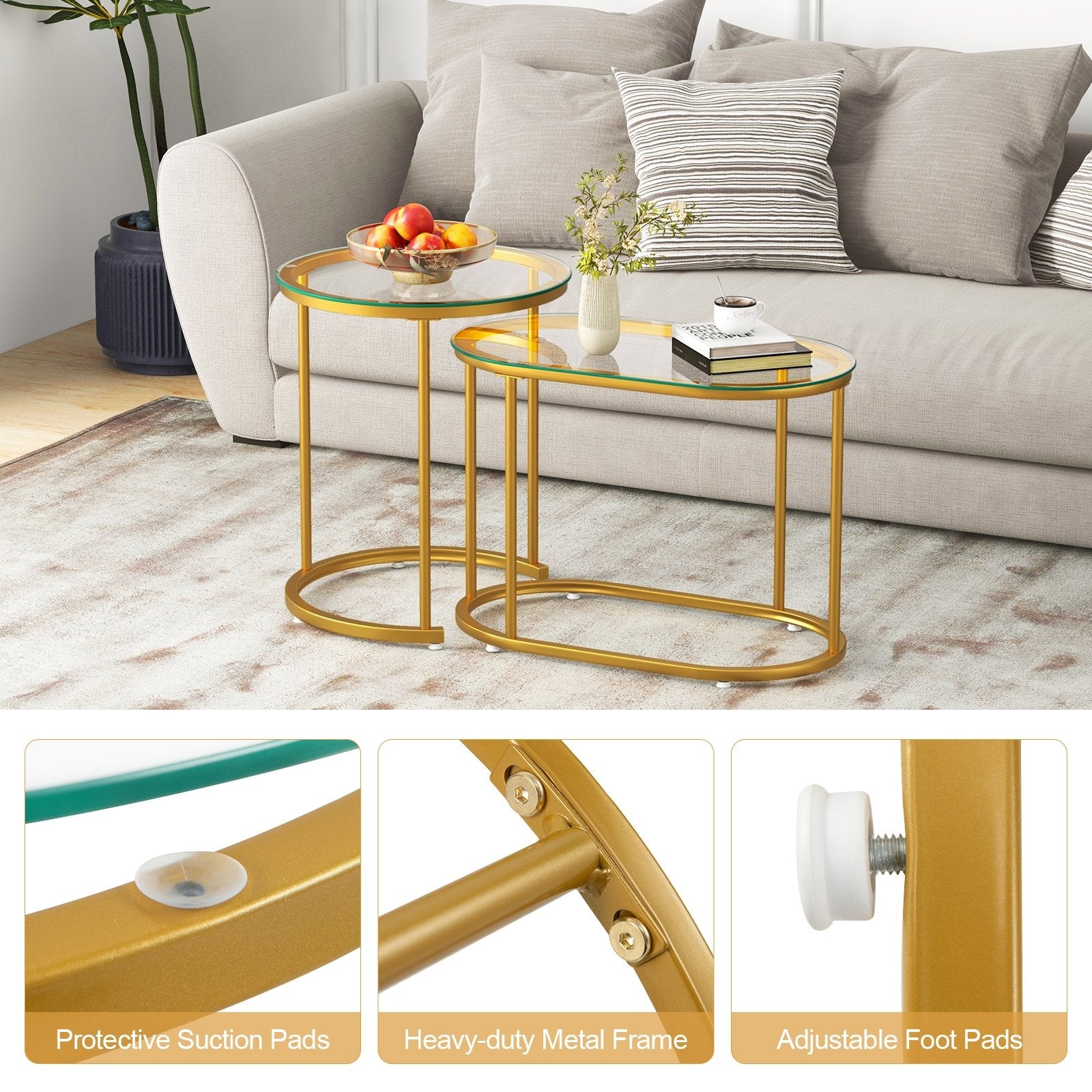 Nesting Coffee Table Set of 2 with Tempered Glass Tabletop, Golden Coffee Tables   at Gallery Canada