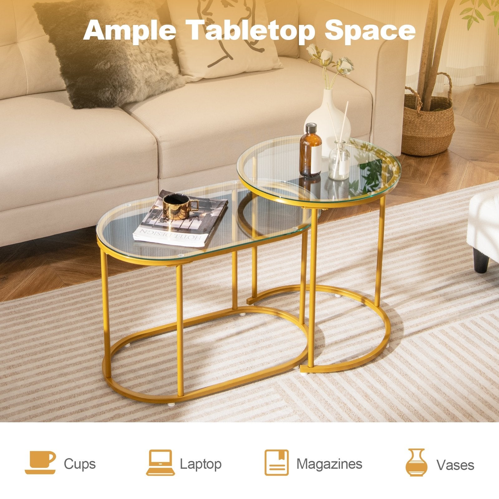 Nesting Coffee Table Set of 2 with Tempered Glass Tabletop, Golden Coffee Tables   at Gallery Canada