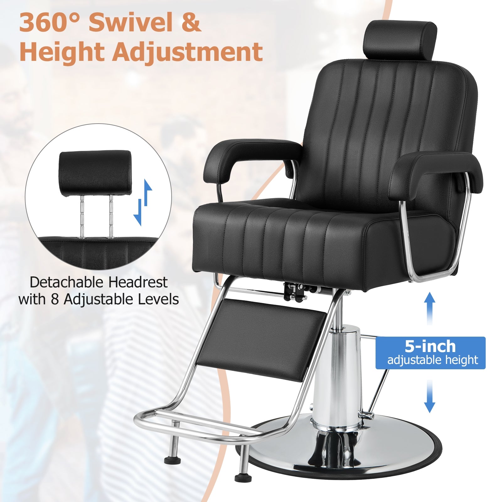 360 Degrees Swivel Salon Hydraulic Barber Chair with Adjustable Headrest and Reclining Backrest, Black Spa & Salon   at Gallery Canada