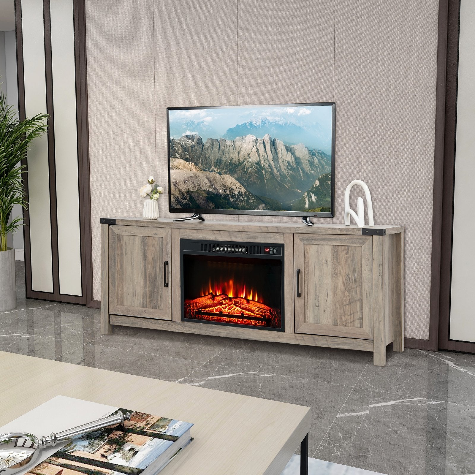 Electric Fireplace TV Stand with Storage Cabinets for TVs up to 70 Inch, Natural Entertainment Centers & TV Stands   at Gallery Canada