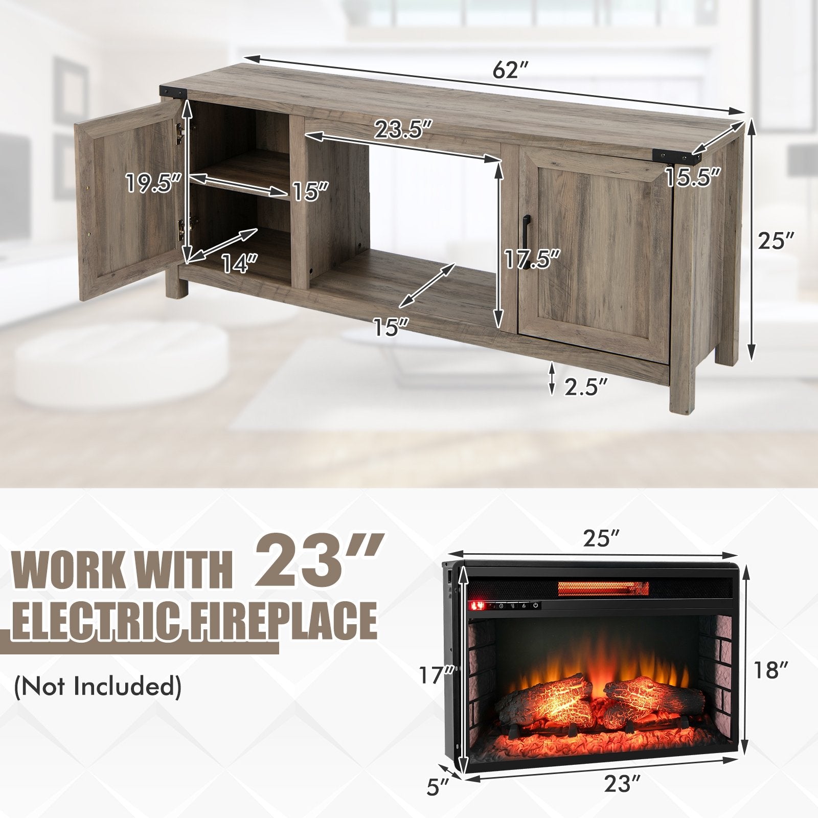 Electric Fireplace TV Stand with Storage Cabinets for TVs up to 70 Inch, Natural Entertainment Centers & TV Stands   at Gallery Canada