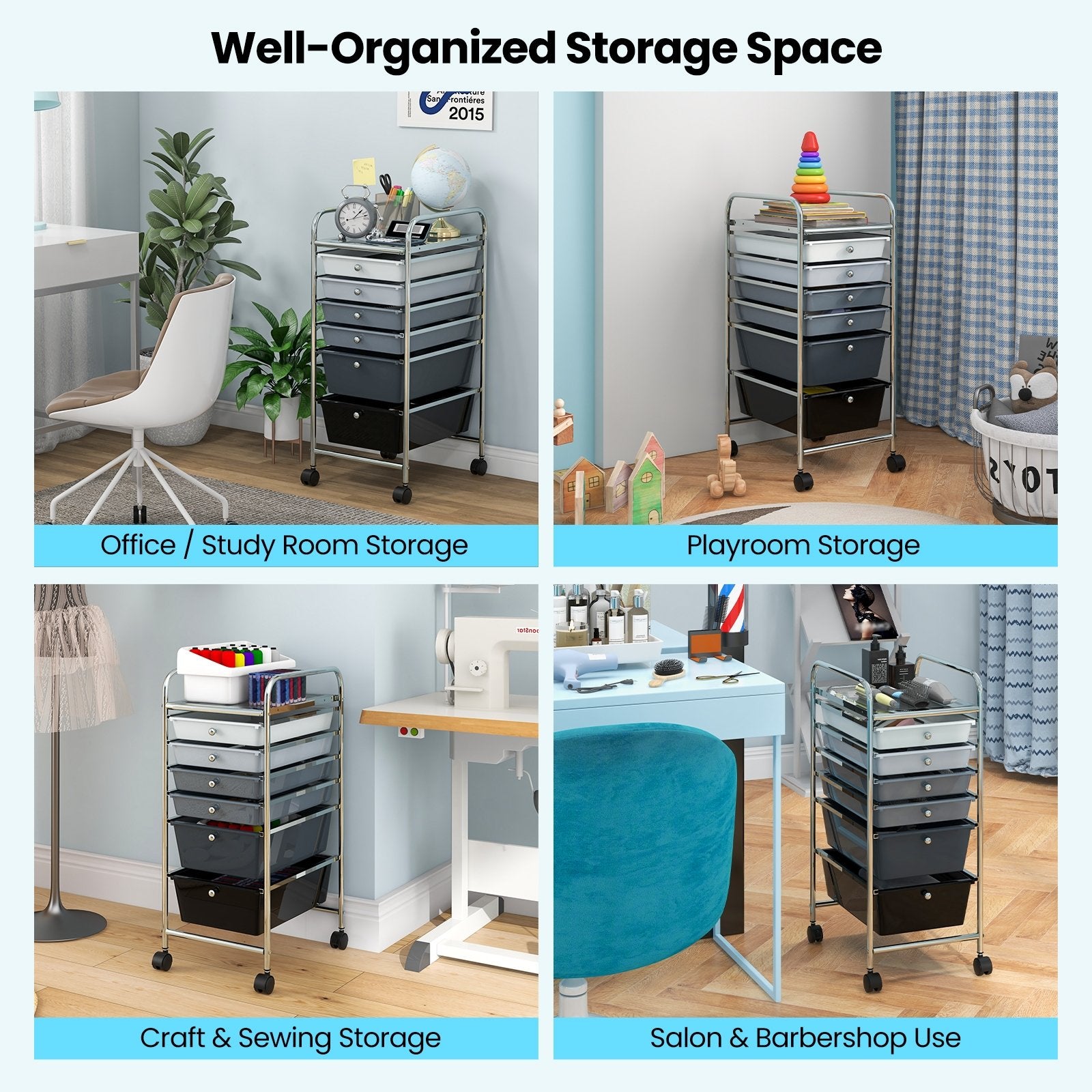 6 Drawers Rolling Storage Cart Organizer, Black & Gray File Cabinets   at Gallery Canada