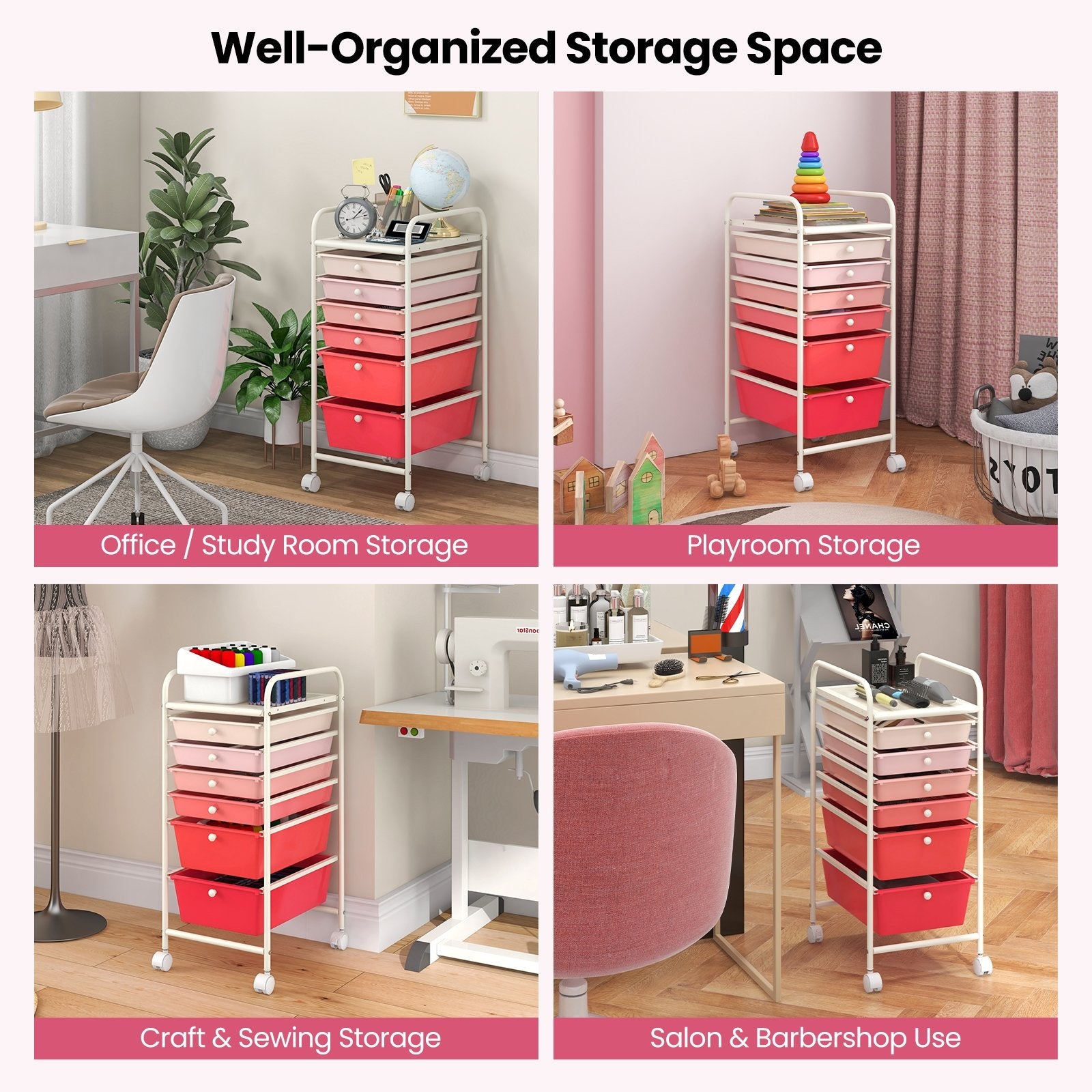 6 Drawers Rolling Storage Cart Organizer, Pink File Cabinets   at Gallery Canada