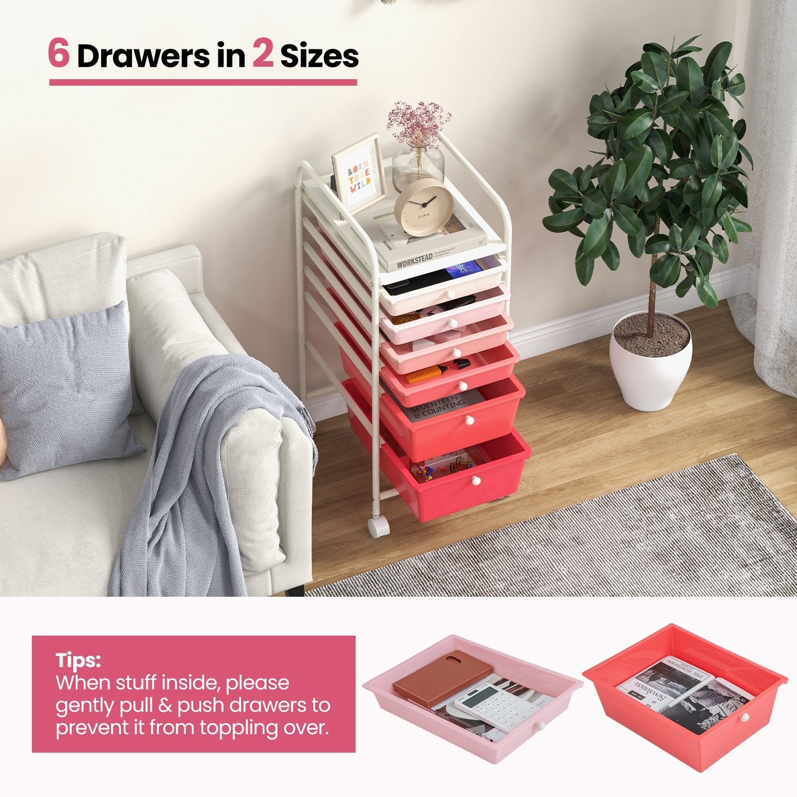 6 Drawers Rolling Storage Cart Organizer, Pink File Cabinets   at Gallery Canada