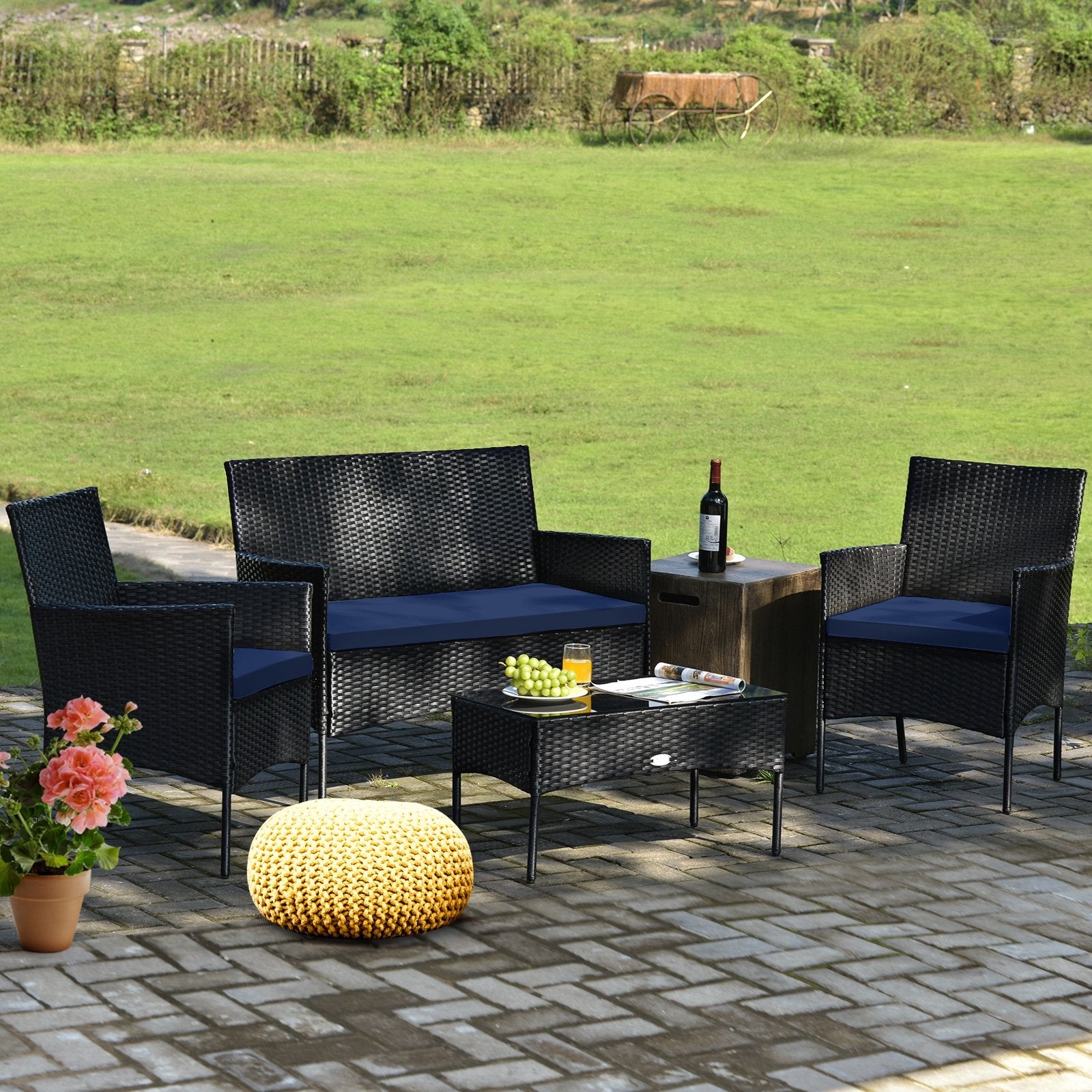 4 Pieces Patio Rattan Cushioned Sofa Set with Tempered Glass Coffee Table, Navy Patio Conversation Sets   at Gallery Canada