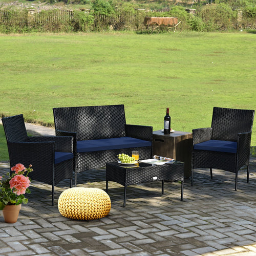 4 Pieces Patio Rattan Cushioned Sofa Set with Tempered Glass Coffee Table, Navy