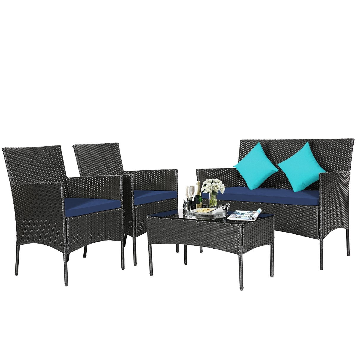 4 Pieces Patio Rattan Cushioned Sofa Set with Tempered Glass Coffee Table, Navy Patio Conversation Sets   at Gallery Canada