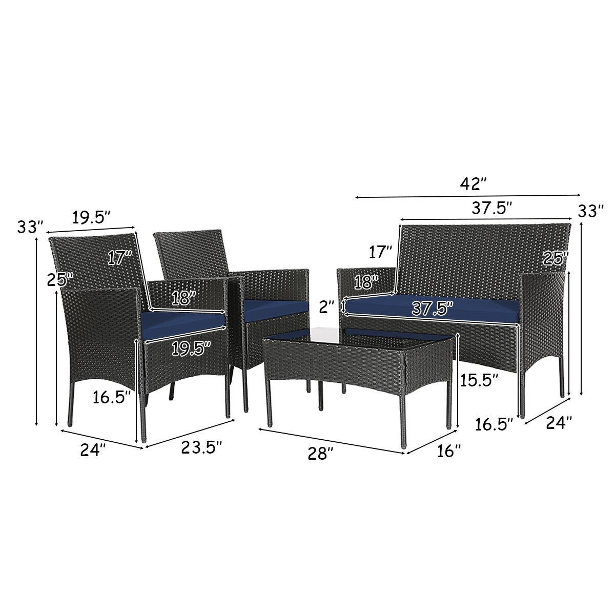 4 Pieces Patio Rattan Cushioned Sofa Set with Tempered Glass Coffee Table, Navy Patio Conversation Sets   at Gallery Canada