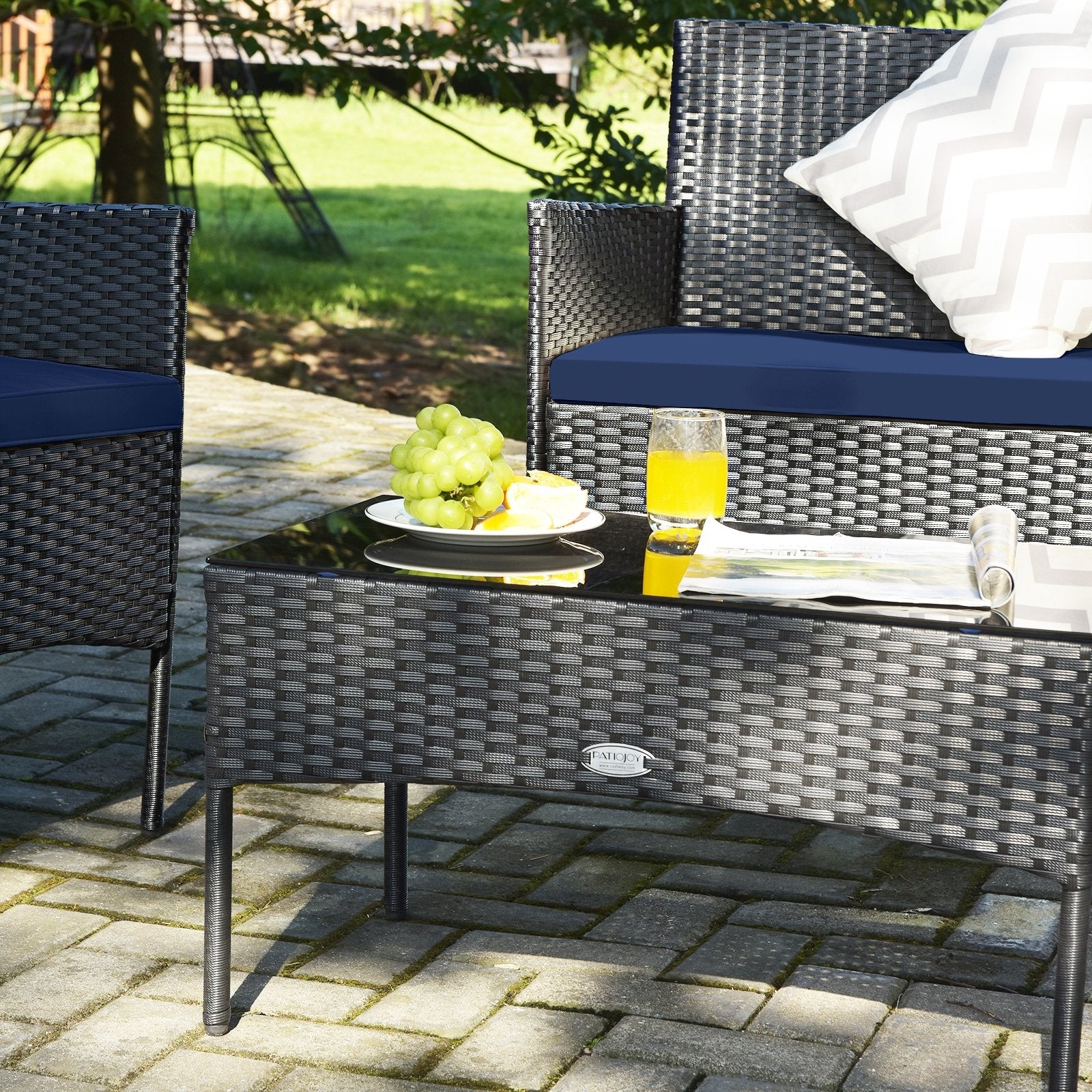 4 Pieces Patio Rattan Cushioned Sofa Set with Tempered Glass Coffee Table, Navy Patio Conversation Sets   at Gallery Canada