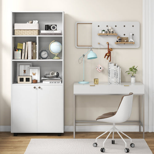 66 Inch Tall Double-Door Bookcase with Adjustable Shelf and Storage Cubes, White