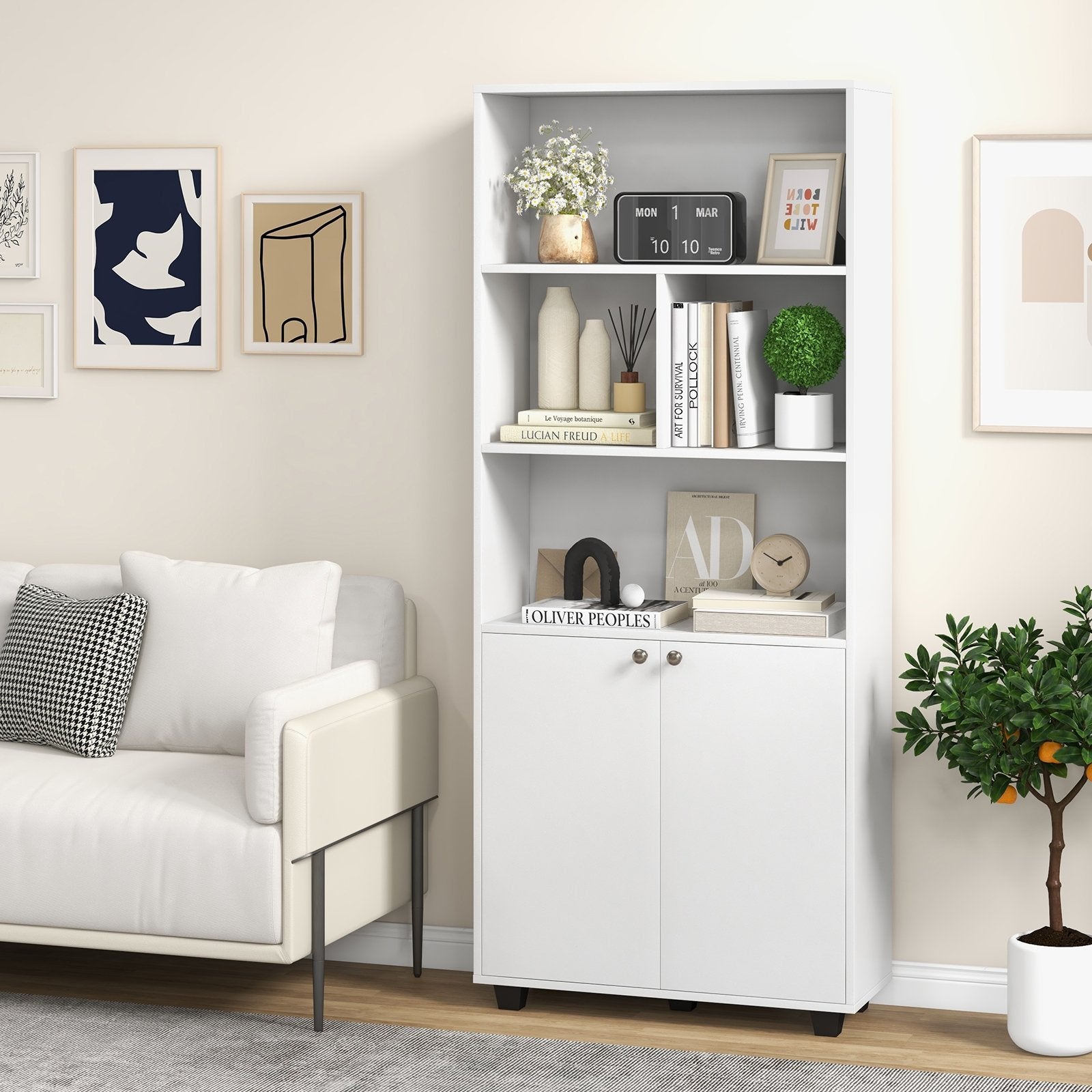 66 Inch Tall Double-Door Bookcase with Adjustable Shelf and Storage Cubes, White Bookcases   at Gallery Canada