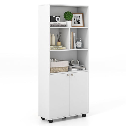 66 Inch Tall Double-Door Bookcase with Adjustable Shelf and Storage Cubes, White