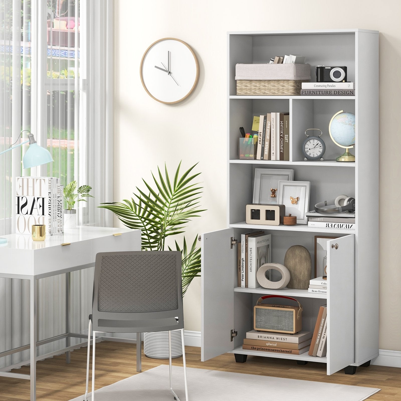 66 Inch Tall Double-Door Bookcase with Adjustable Shelf and Storage Cubes, White Bookcases   at Gallery Canada