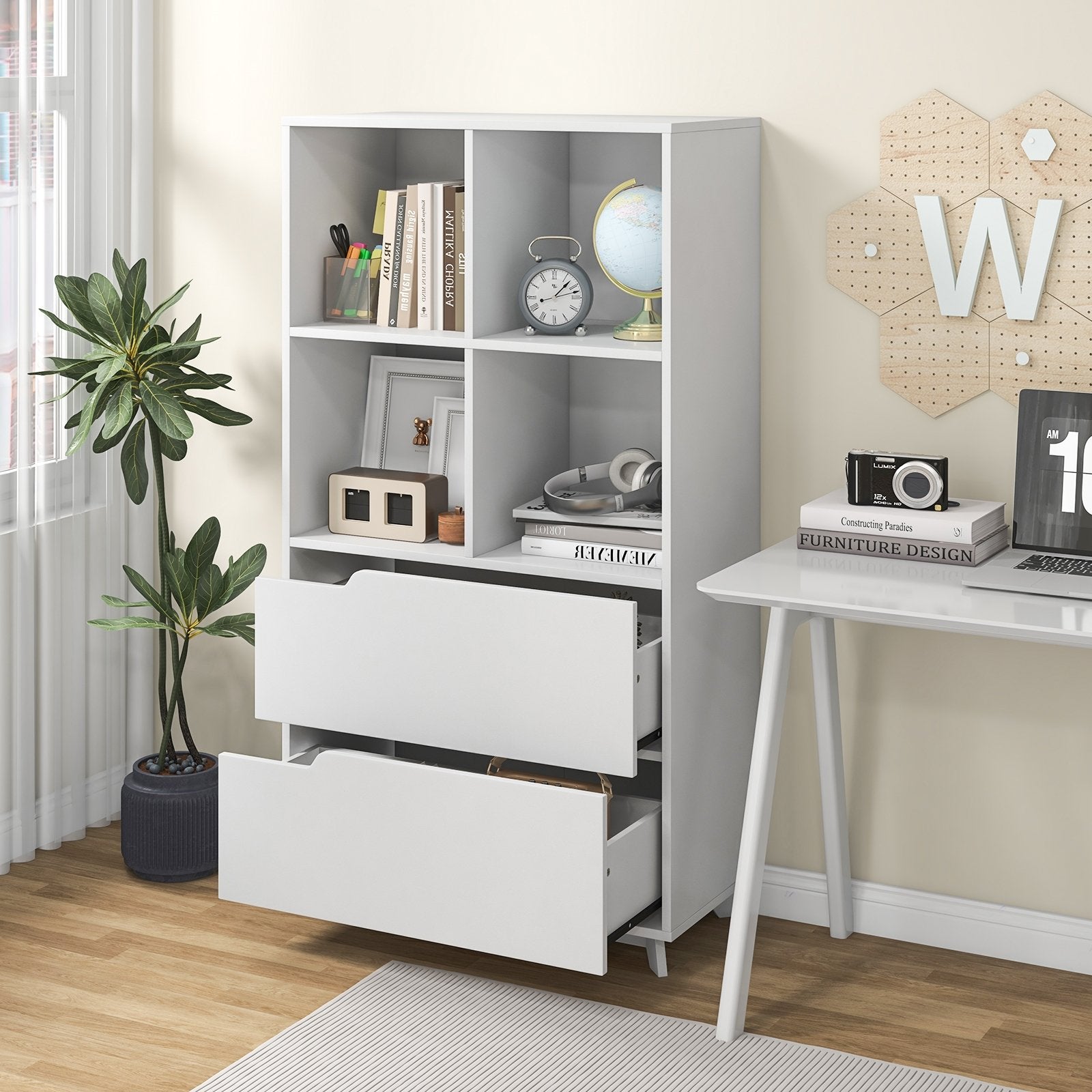 4-Tier Open Bookcase with 2 Drawers and 4 Storage Cubes, White Bookcases   at Gallery Canada