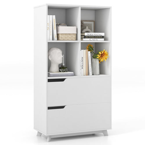 4-Tier Open Bookcase with 2 Drawers and 4 Storage Cubes, White