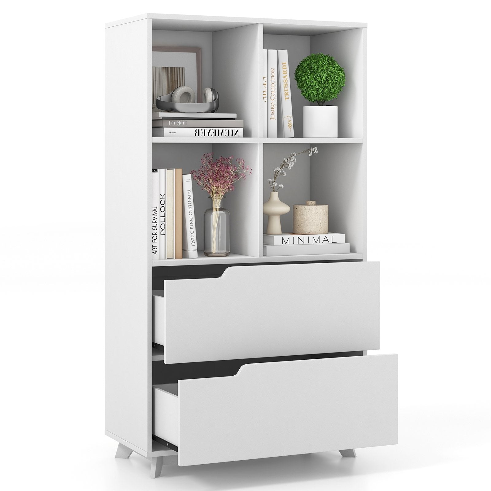 4-Tier Open Bookcase with 2 Drawers and 4 Storage Cubes, White Bookcases   at Gallery Canada