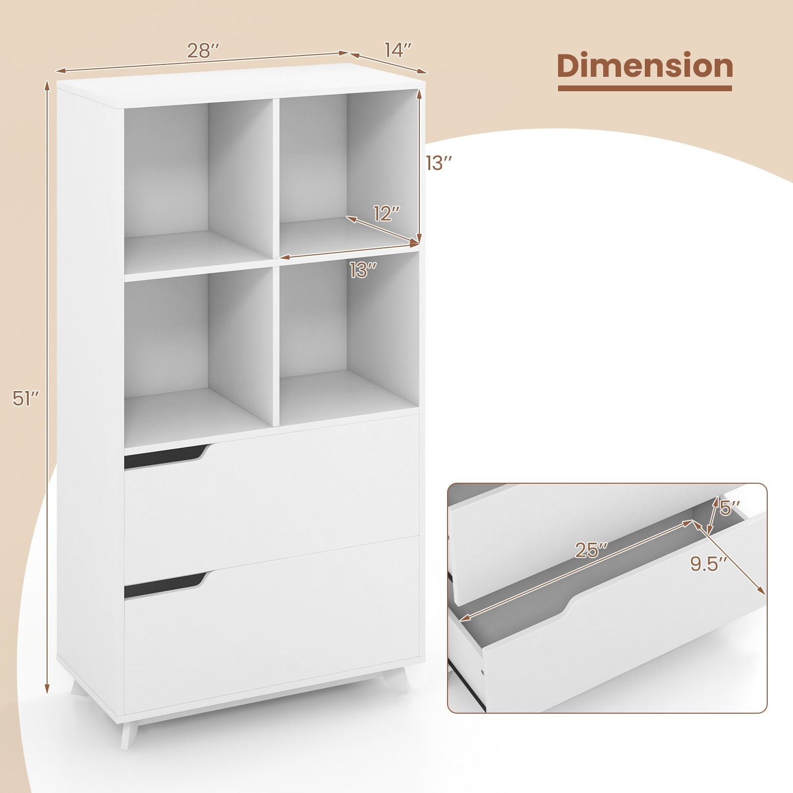 4-Tier Open Bookcase with 2 Drawers and 4 Storage Cubes, White Bookcases   at Gallery Canada