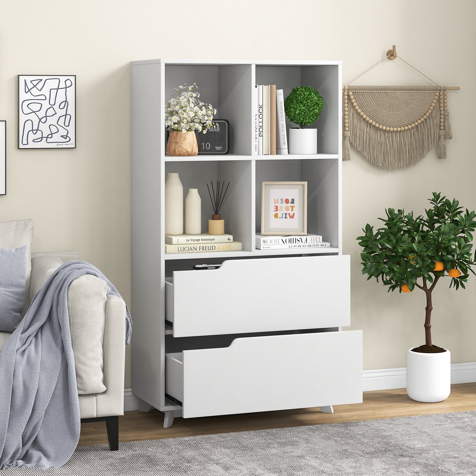 4-Tier Open Bookcase with 2 Drawers and 4 Storage Cubes, White Bookcases   at Gallery Canada