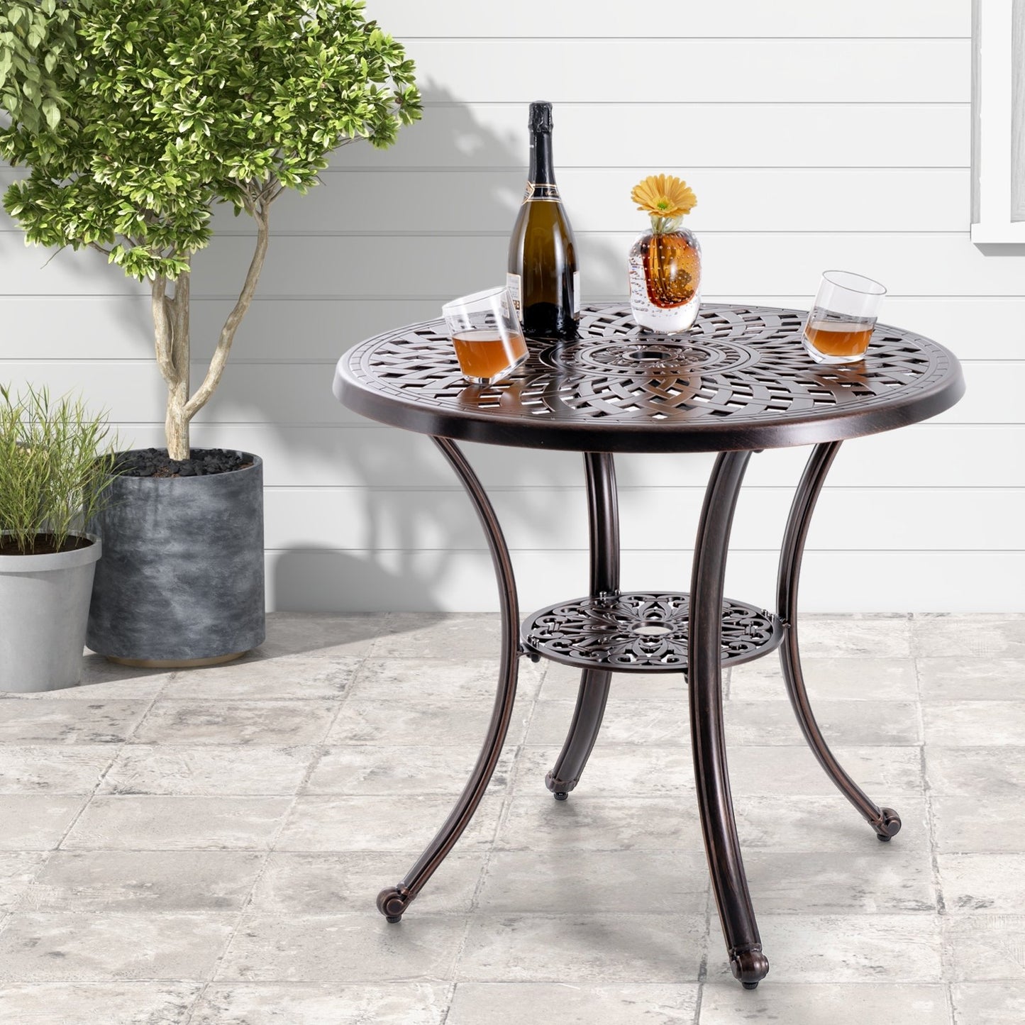 Patio Cast Aluminum Table 31 Inch Diameter Round Table with Umbrella Hole, Copper Patio Dining Tables   at Gallery Canada