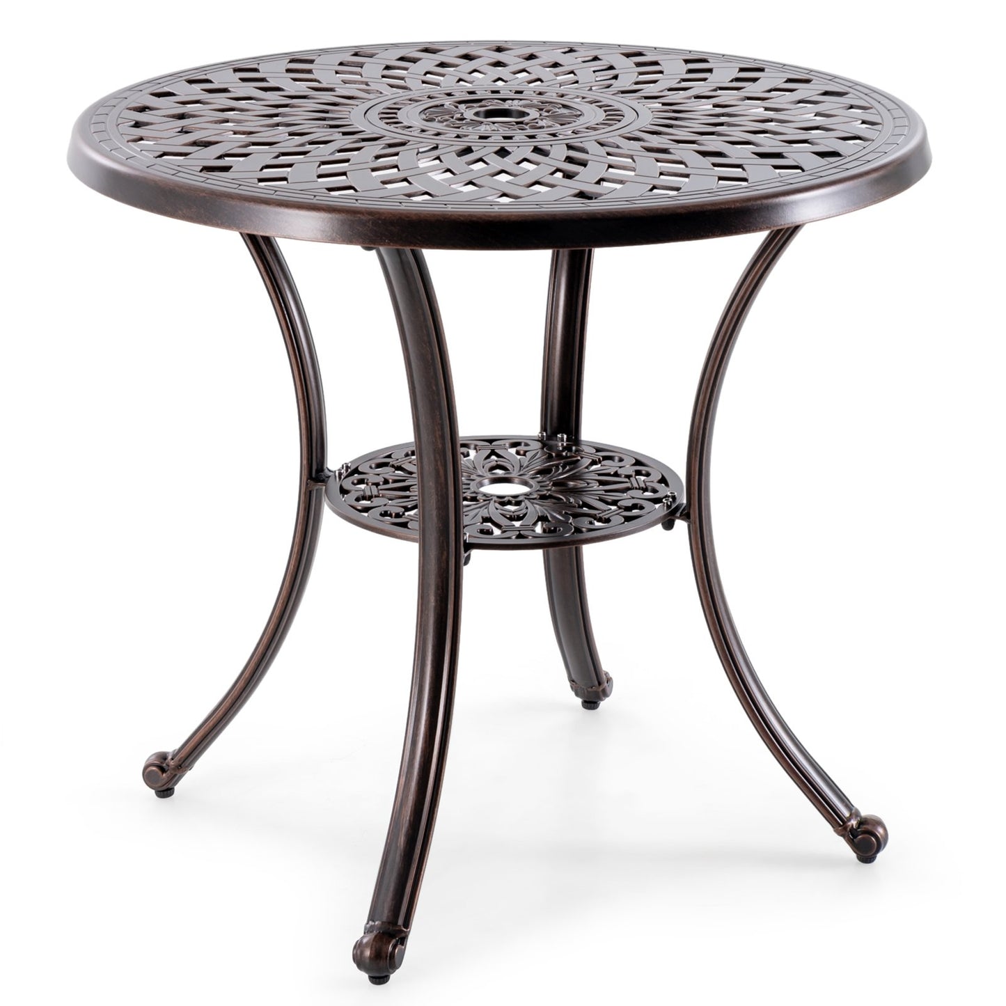 Patio Cast Aluminum Table 31 Inch Diameter Round Table with Umbrella Hole, Copper Patio Dining Tables   at Gallery Canada