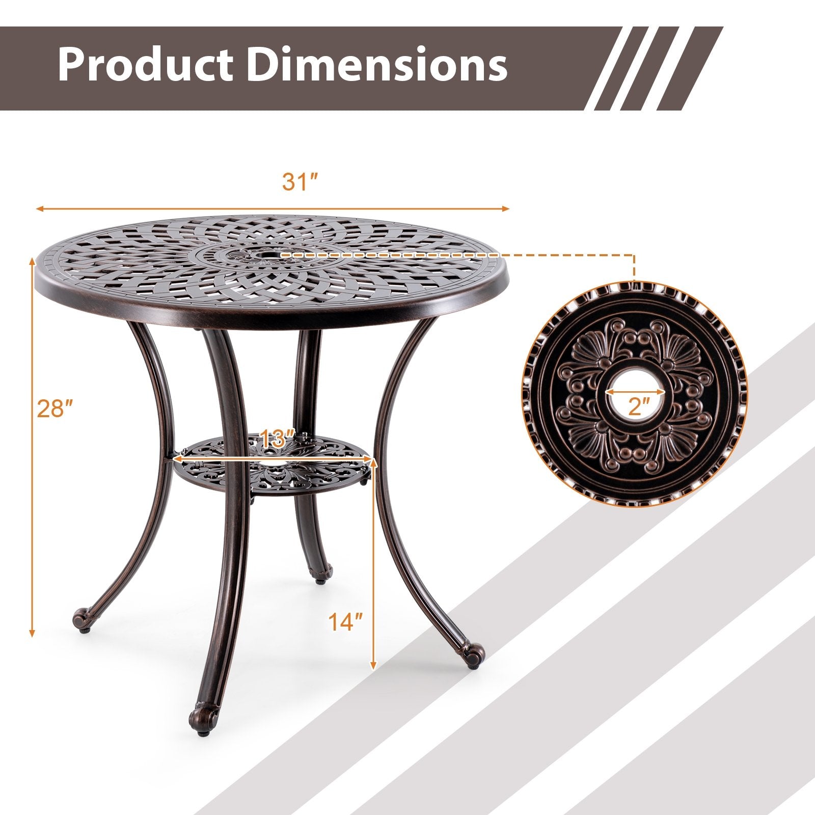 Patio Cast Aluminum Table 31 Inch Diameter Round Table with Umbrella Hole, Copper Patio Dining Tables   at Gallery Canada