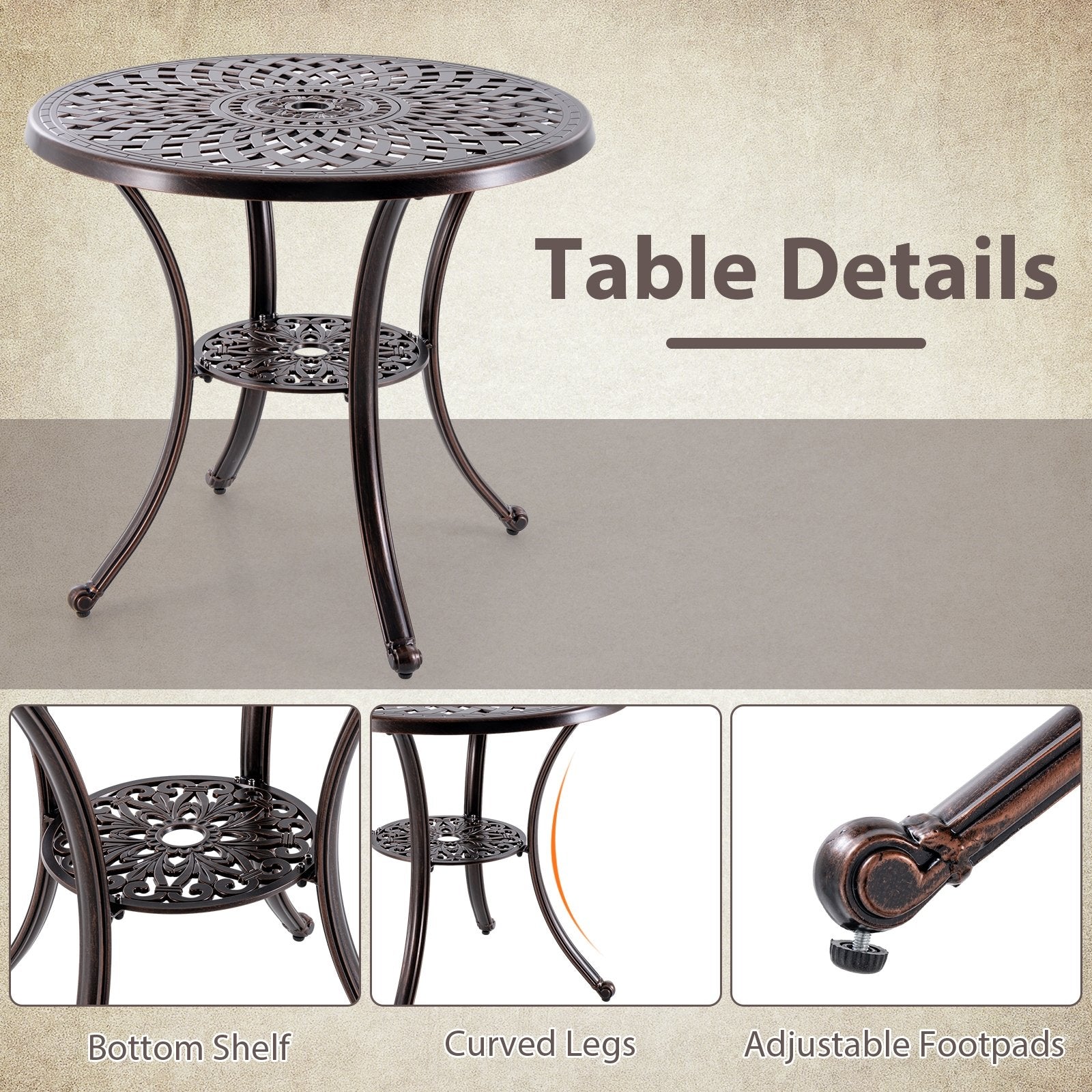 Patio Cast Aluminum Table 31 Inch Diameter Round Table with Umbrella Hole, Copper Patio Dining Tables   at Gallery Canada