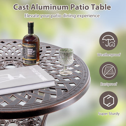 Patio Cast Aluminum Table 31 Inch Diameter Round Table with Umbrella Hole, Copper Patio Dining Tables   at Gallery Canada