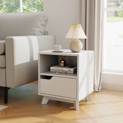 Mid Century Modern Bedside Table with Storage Drawer and Open Shelf, White End & Side Tables   at Gallery Canada