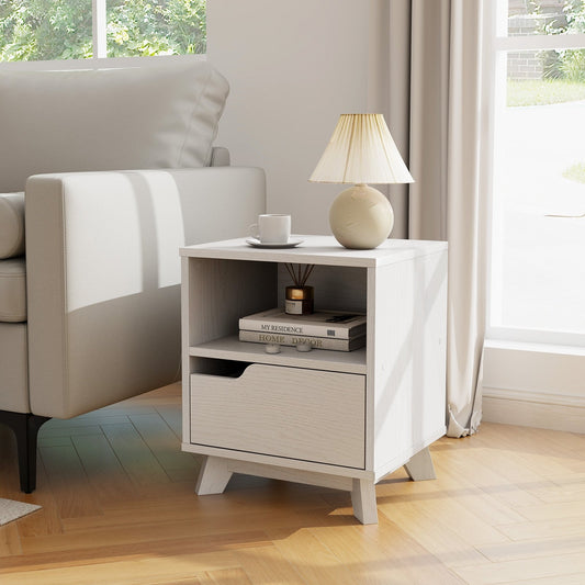 Mid Century Modern Bedside Table with Storage Drawer and Open Shelf, White - Gallery Canada