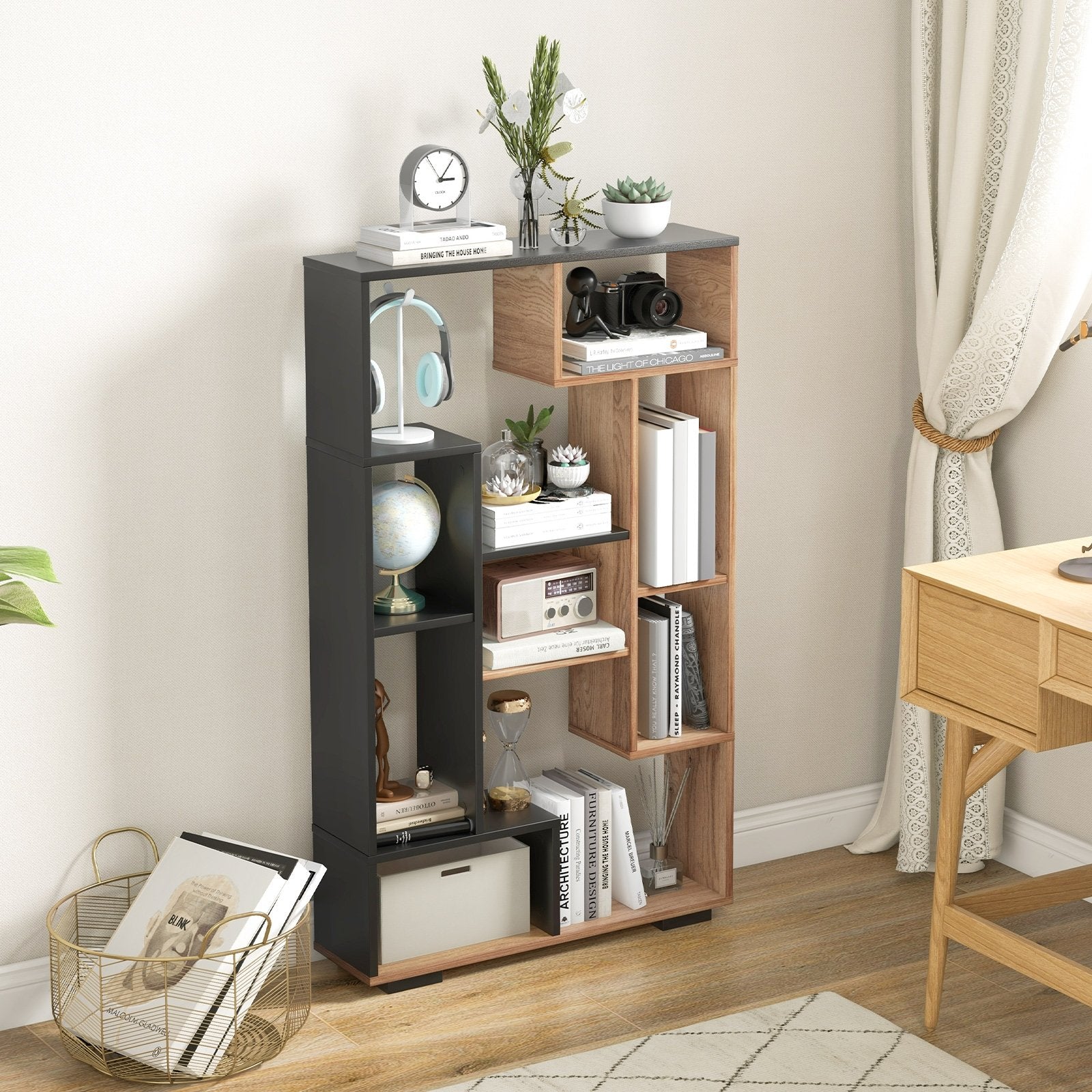 47-Inch Tall Bookshelf for Home Office Living Room, Natural & Black Bookcases   at Gallery Canada