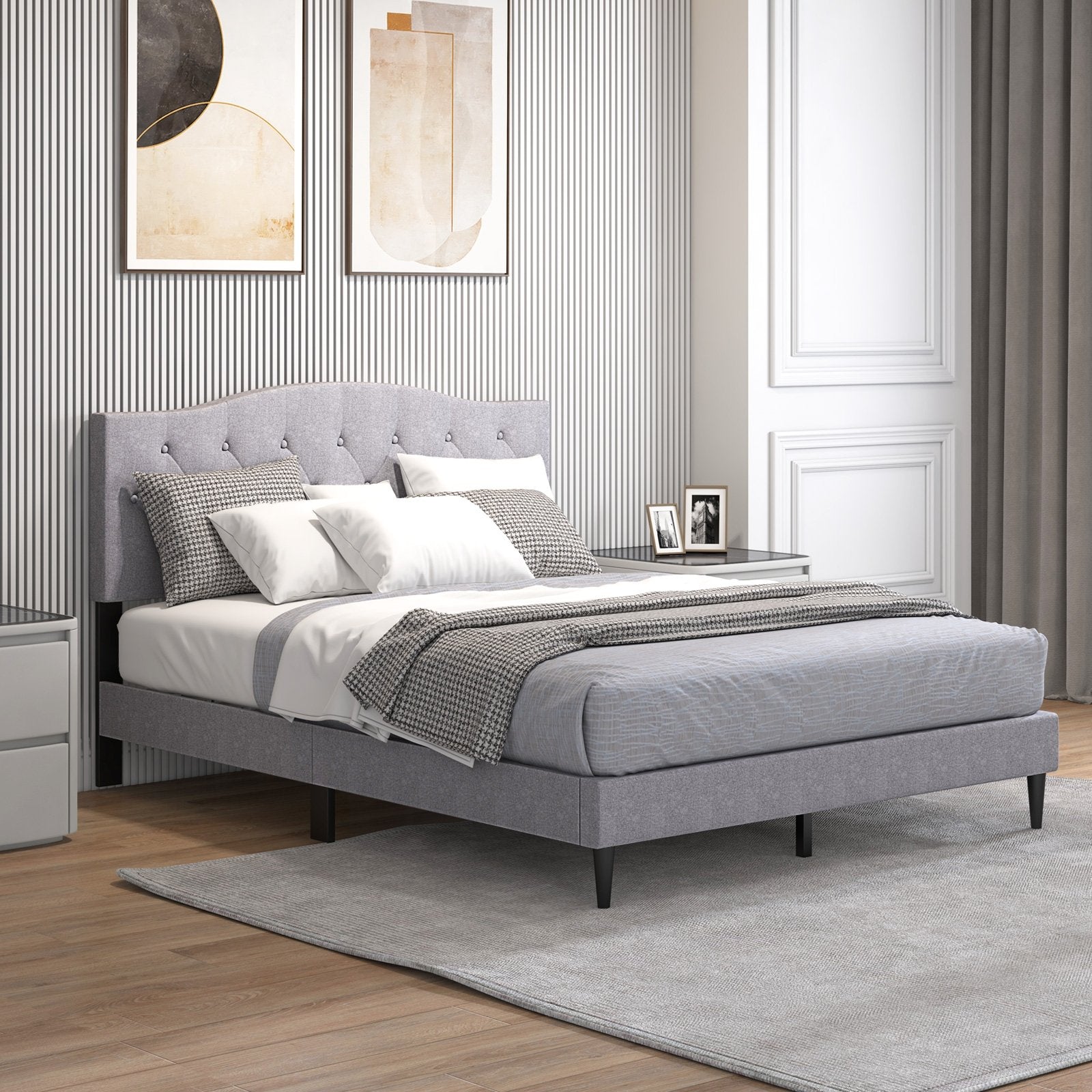 Queen Size Upholstered Platform Bed with Button Tufted Headboard-Queen Size, Gray Simple Bed Frame   at Gallery Canada