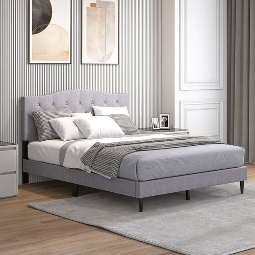 Queen Size Upholstered Platform Bed with Button Tufted Headboard-Queen Size, Gray