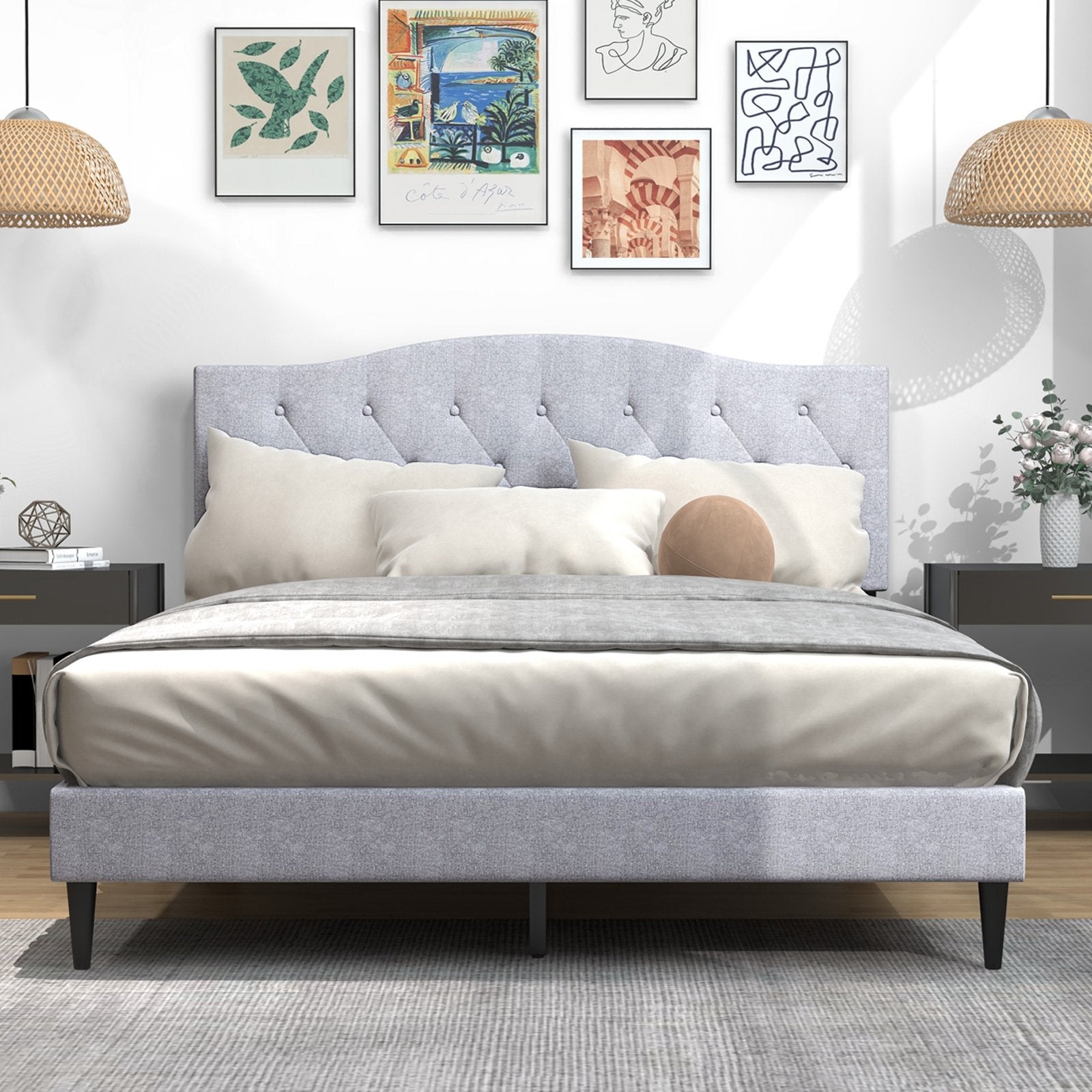 Queen Size Upholstered Platform Bed with Button Tufted Headboard-Queen Size, Gray Simple Bed Frame   at Gallery Canada