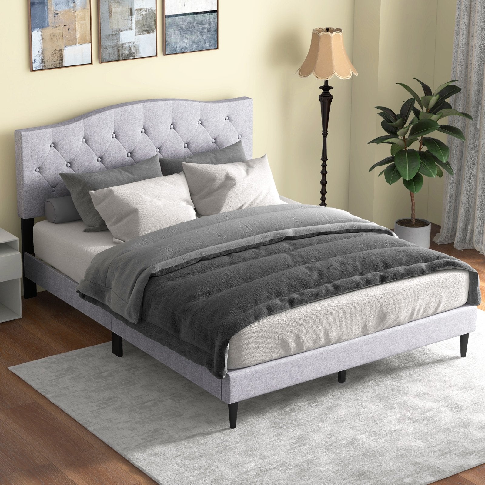 Queen Size Upholstered Platform Bed with Button Tufted Headboard-Queen Size, Gray Simple Bed Frame   at Gallery Canada