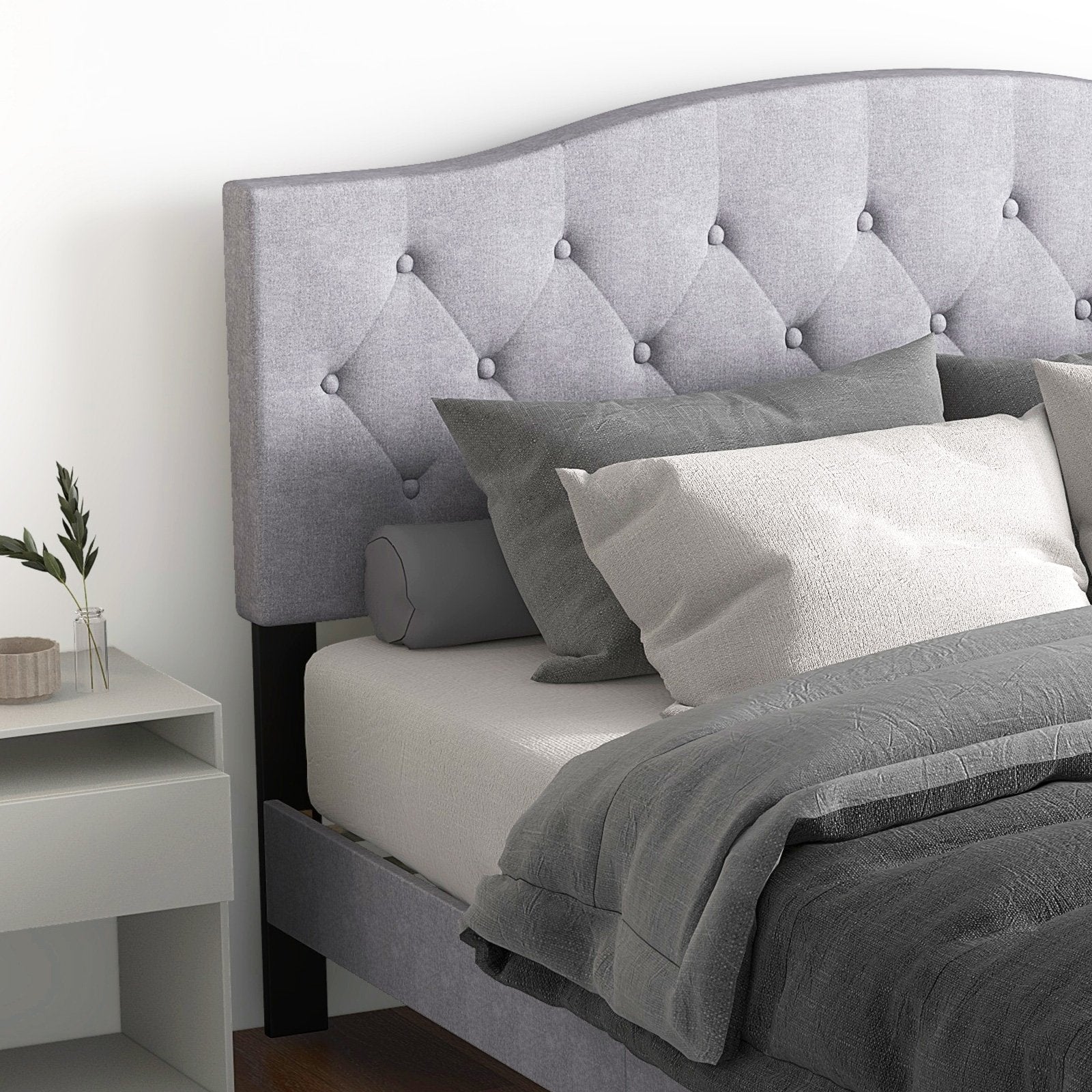 Queen Size Upholstered Platform Bed with Button Tufted Headboard-Queen Size, Gray Simple Bed Frame   at Gallery Canada