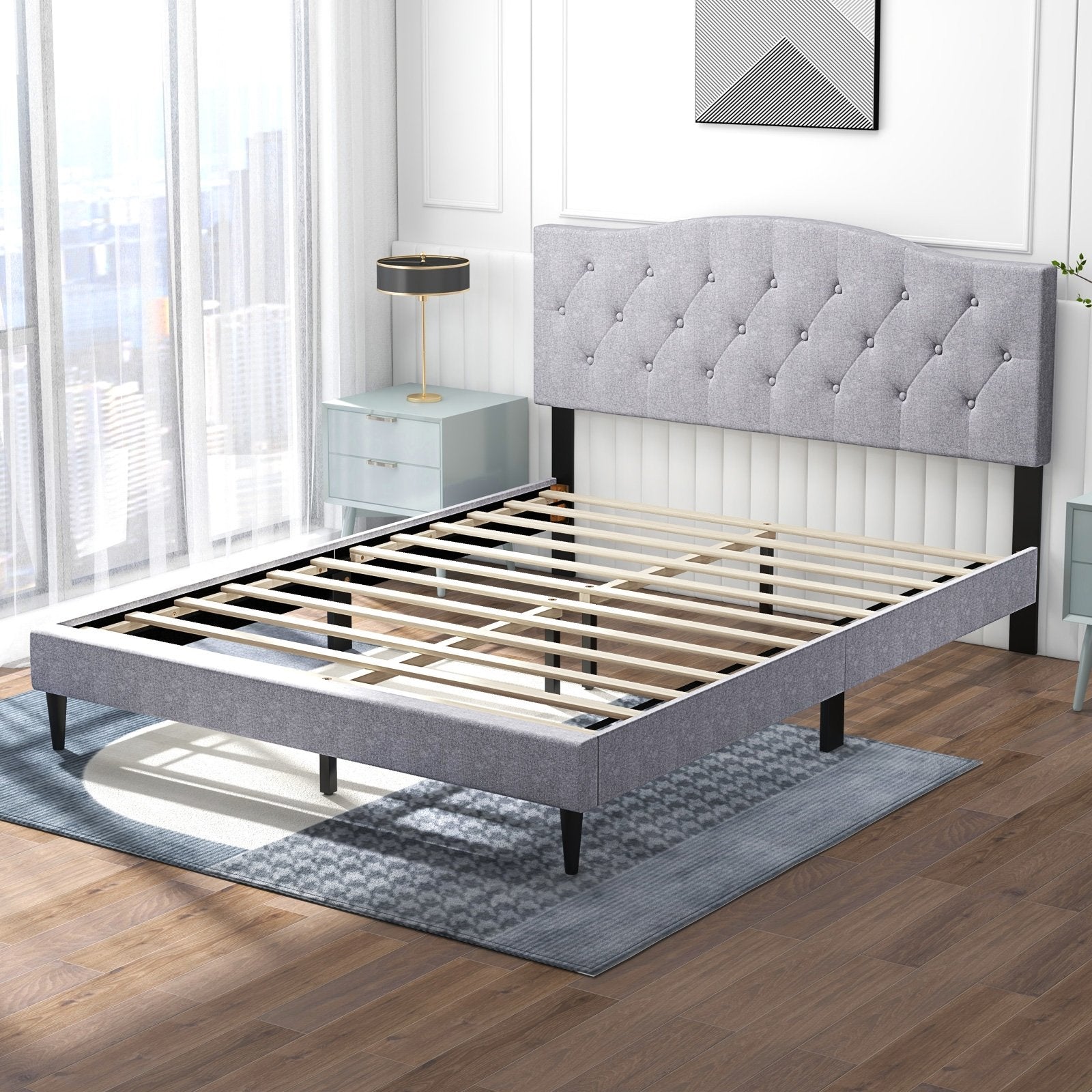 Queen Size Upholstered Platform Bed with Button Tufted Headboard-Queen Size, Gray Simple Bed Frame   at Gallery Canada