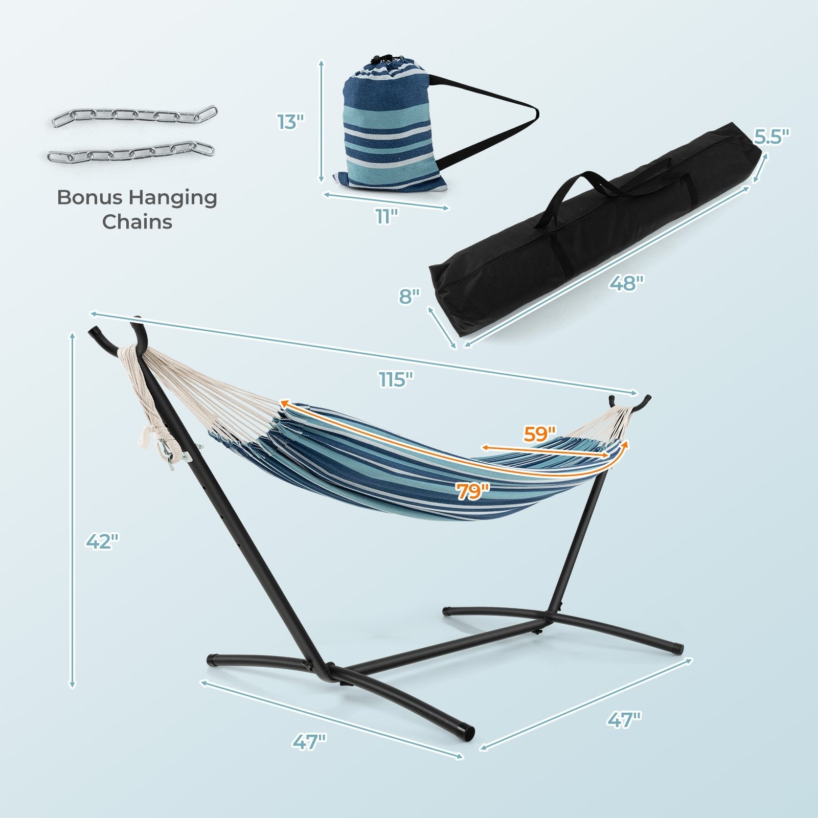 Portable Indoor Outdoor 2-Person Double Hammock Set with Stand and Carrying Cases, Blue Hammocks   at Gallery Canada