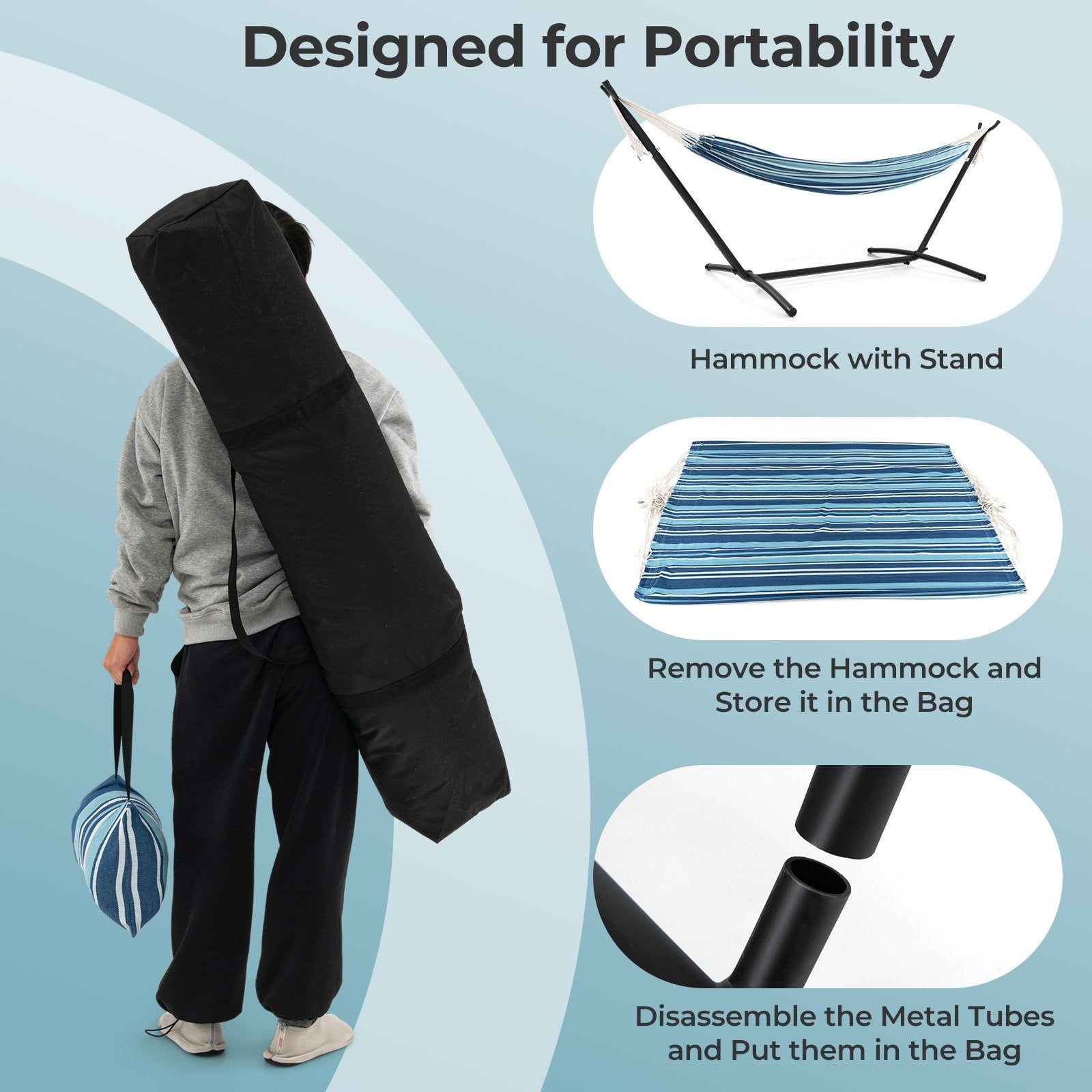 Portable Indoor Outdoor 2-Person Double Hammock Set with Stand and Carrying Cases, Blue Hammocks   at Gallery Canada