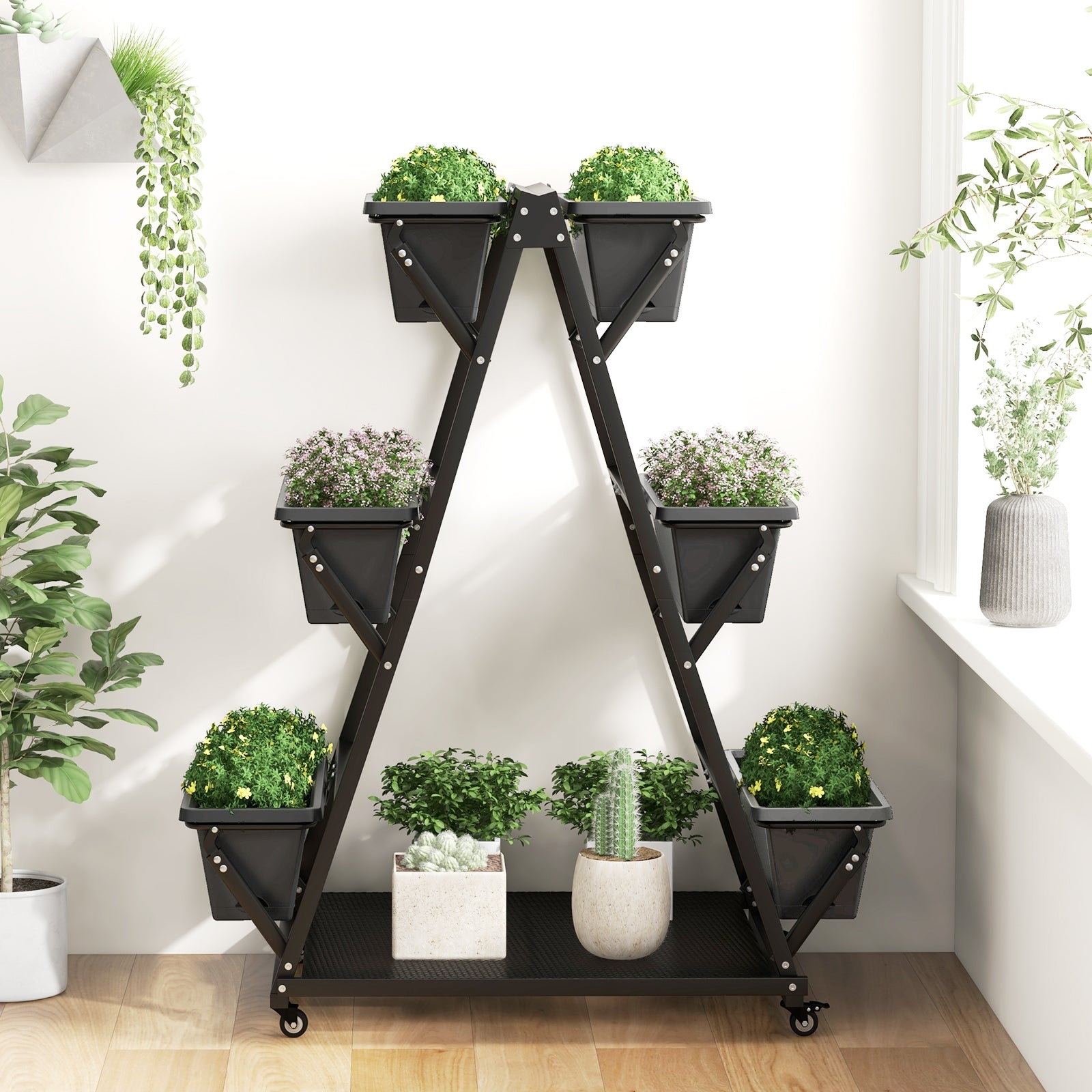 3-Tier Vertical Raised Garden Bed with 4 Wheels and 6 Container Boxes, Black Raised Garden Beds   at Gallery Canada