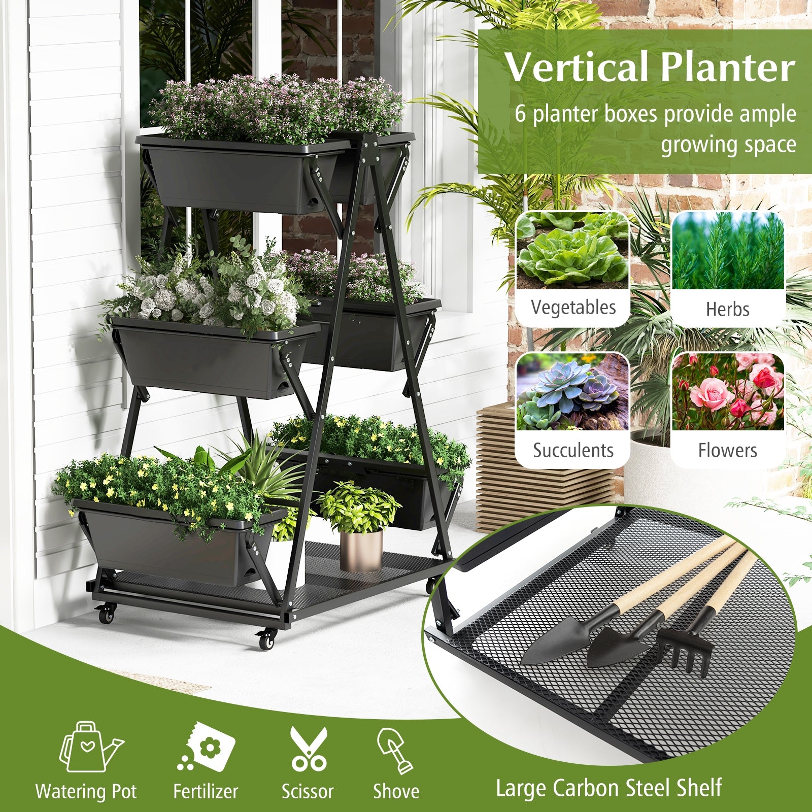 3-Tier Vertical Raised Garden Bed with 4 Wheels and 6 Container Boxes, Black Raised Garden Beds   at Gallery Canada