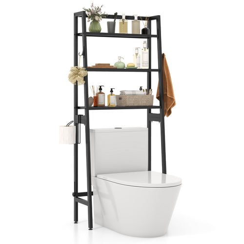 3-Tier Freestanding Over The Toilet Storage Shelf with Adjustable Bottom Bar, Black