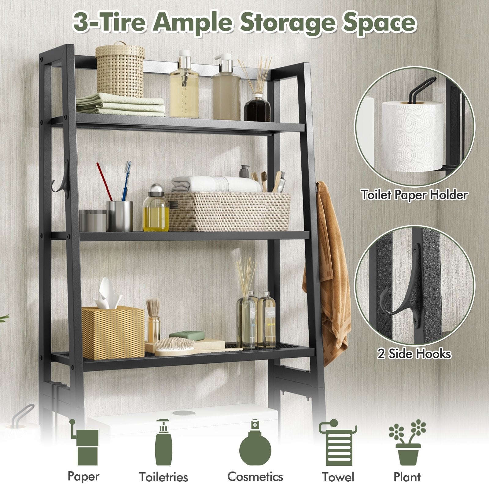 3-Tier Over The Toilet Storage Shelf with Adjustable Bottom Bar, Black Bathroom Etagere   at Gallery Canada