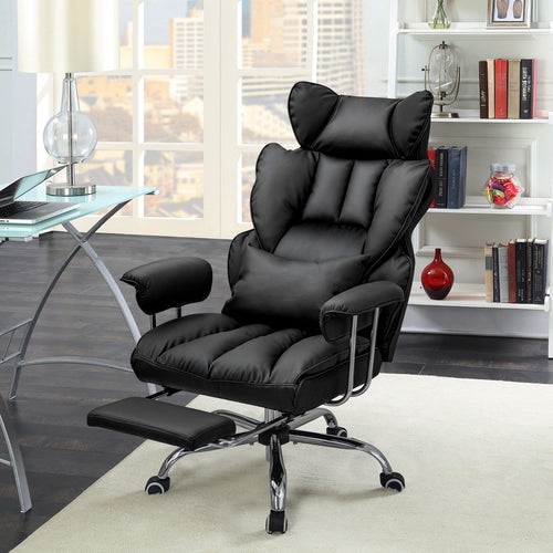 Adjustable Swivel Office Chair with Reclining Backrest and Retractable Footrest, Black