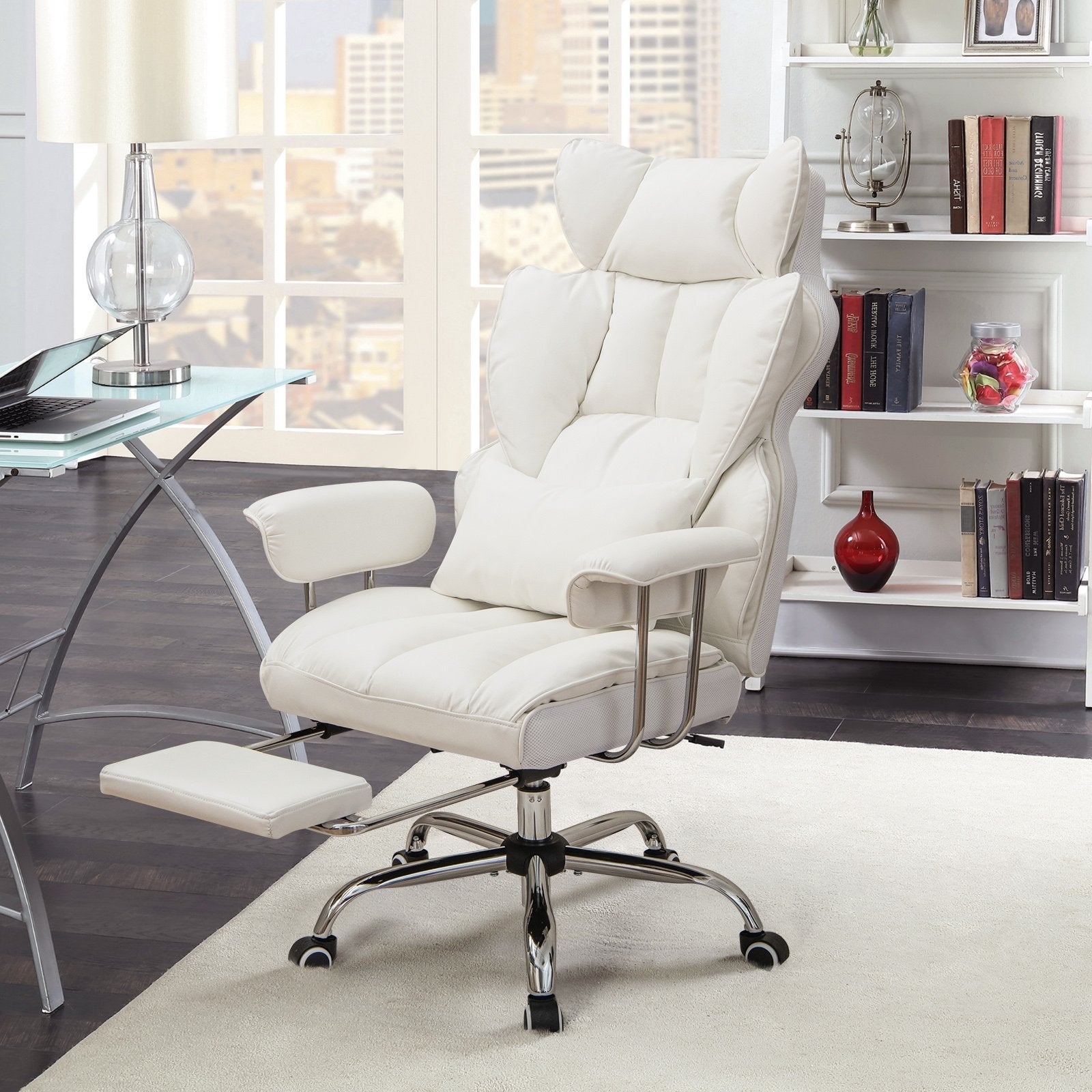 Adjustable Swivel Office Chair with Reclining Backrest and Retractable Footrest, White Ergonomic Chairs   at Gallery Canada