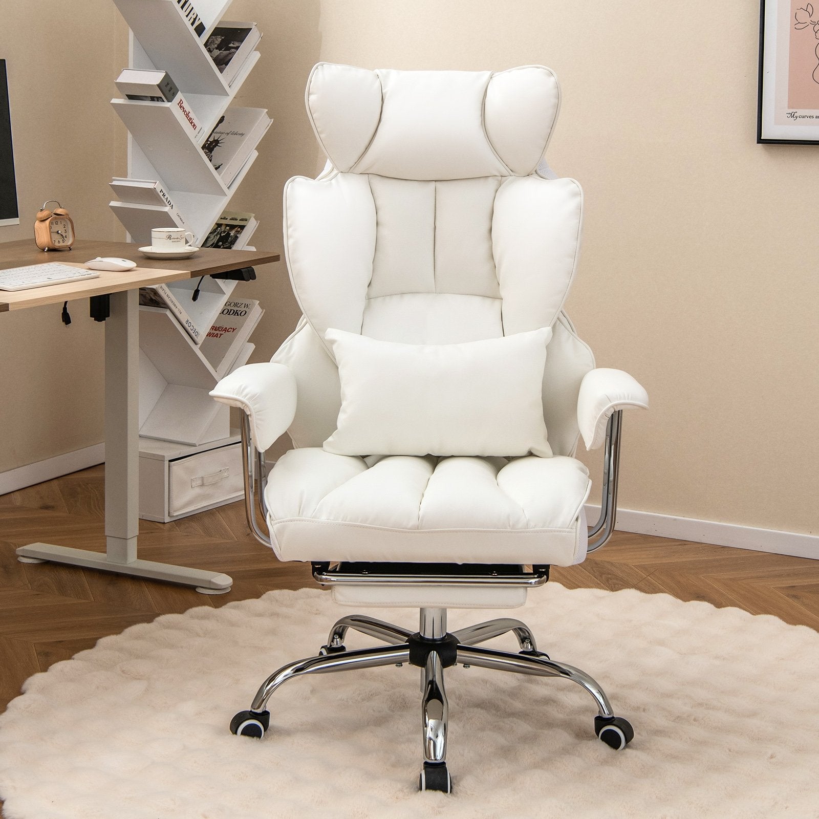 Adjustable Swivel Office Chair with Reclining Backrest and Retractable Footrest, White Ergonomic Chairs   at Gallery Canada