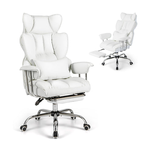 Adjustable Swivel Office Chair with Reclining Backrest and Retractable Footrest, White