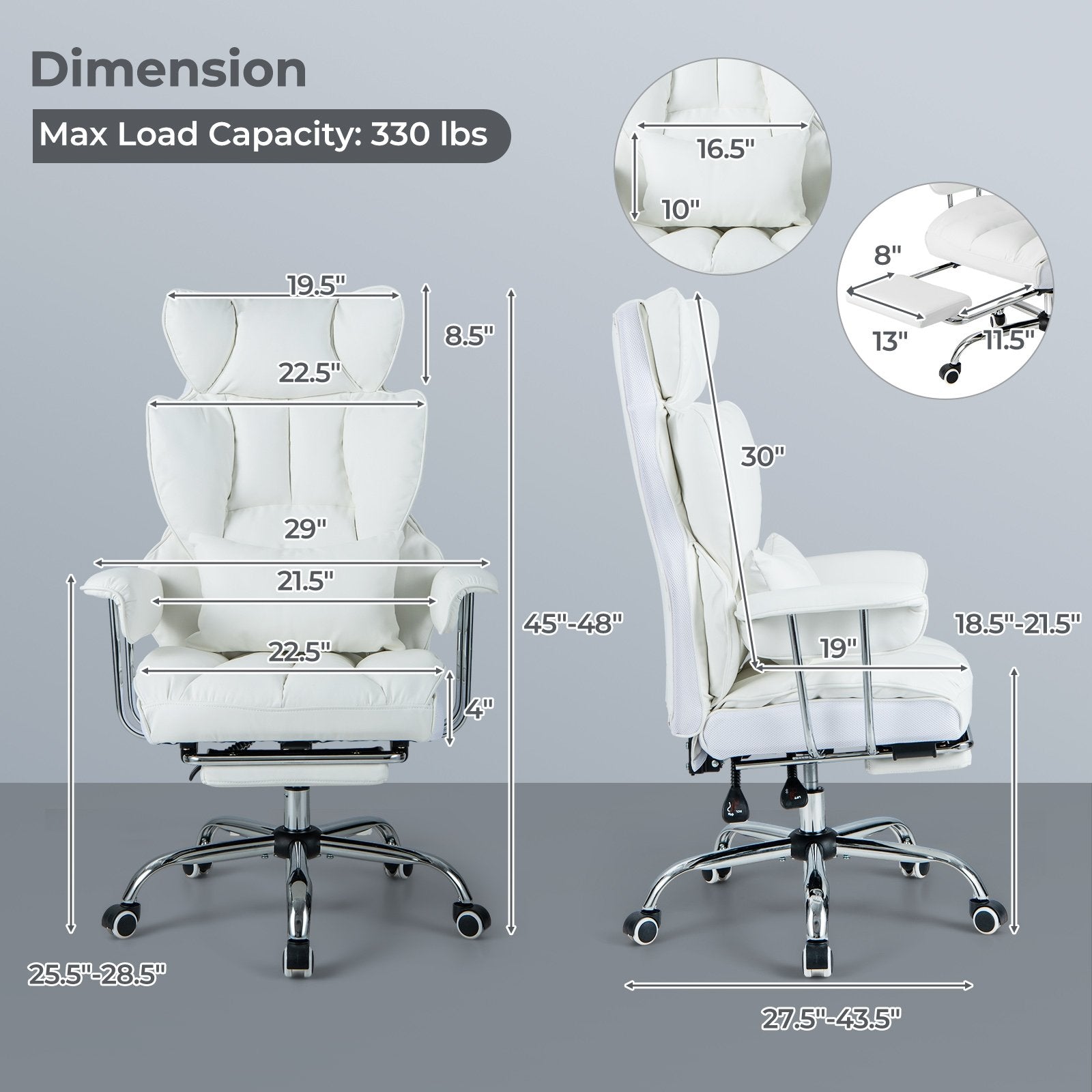 Adjustable Swivel Office Chair with Reclining Backrest and Retractable Footrest, White Ergonomic Chairs   at Gallery Canada