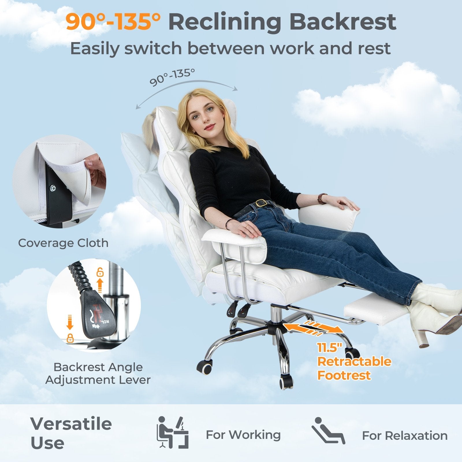 Adjustable Swivel Office Chair with Reclining Backrest and Retractable Footrest, White Ergonomic Chairs   at Gallery Canada